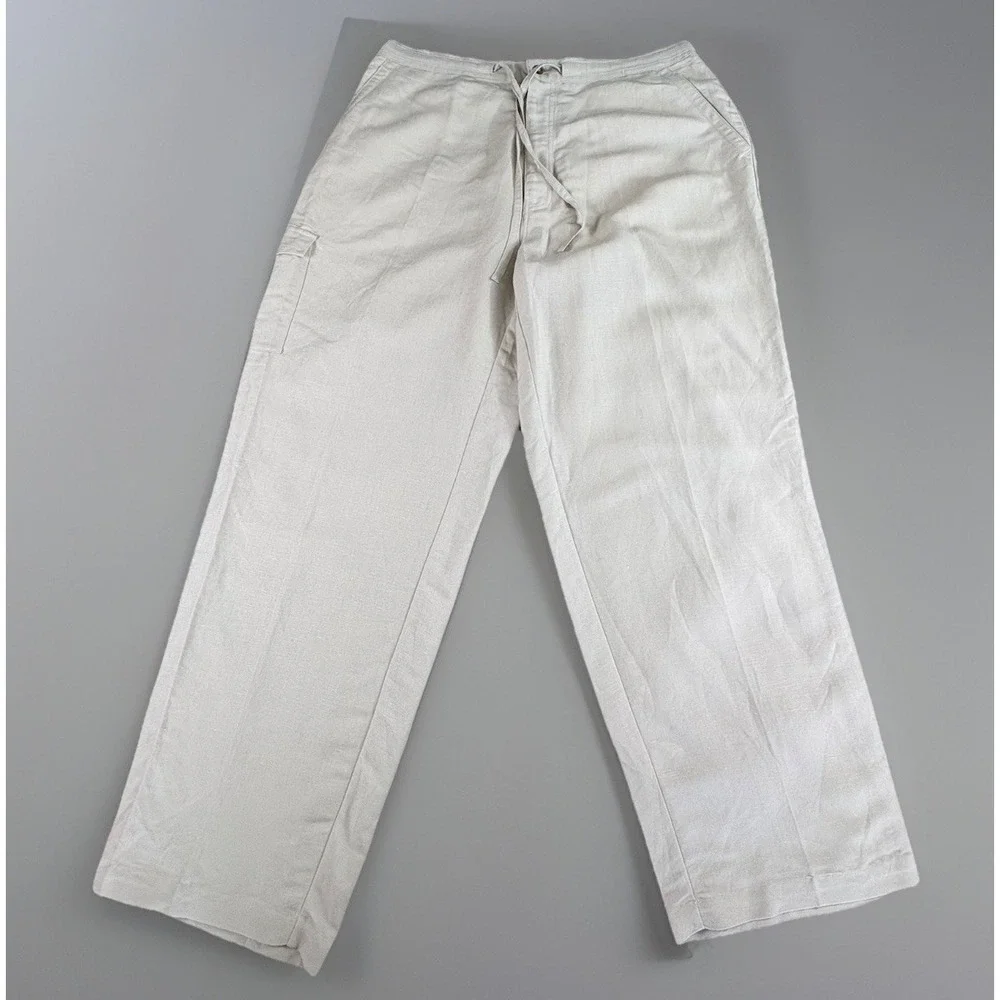 John Henry Pants Men XL 40-42 Beige Linen Blend Cargo Relaxed Coastal Minimalist